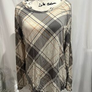 Plaid Long Sleeve Top - Gray and Beige